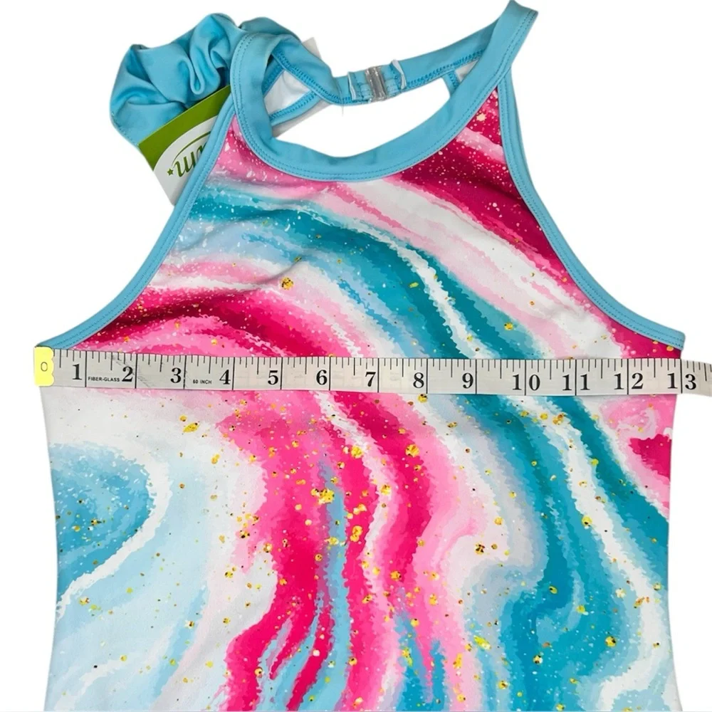 Leotard Girls 2XL (12-13Y) Sleeveless Joystream Pink Blue Gold w/scrunchie
